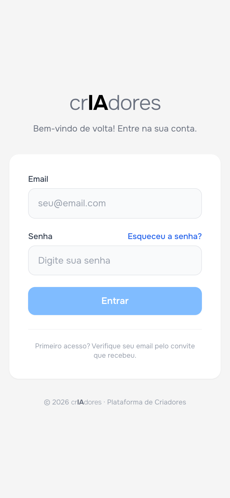 Tela de login da plataforma crIAdores no celular