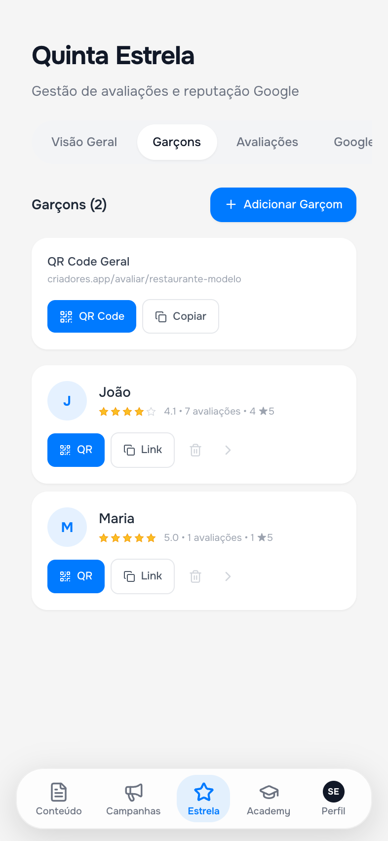 Aba Garçons com a lista da equipe e QR Code individual de cada um