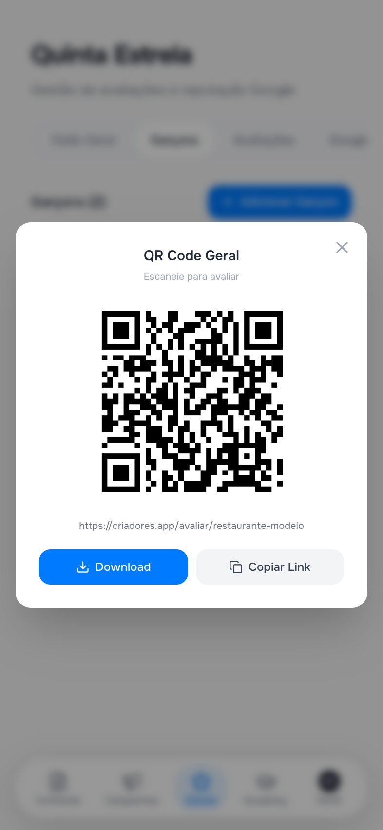 Modal com o QR Code do negócio e botão de download