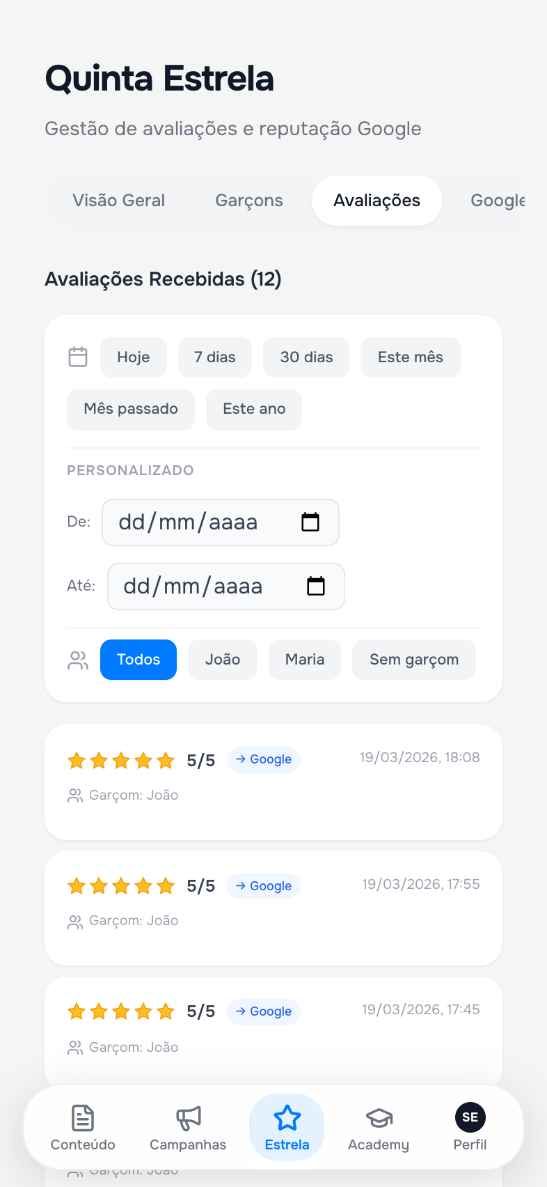 Aba Avaliações com filtros por período e por garçom