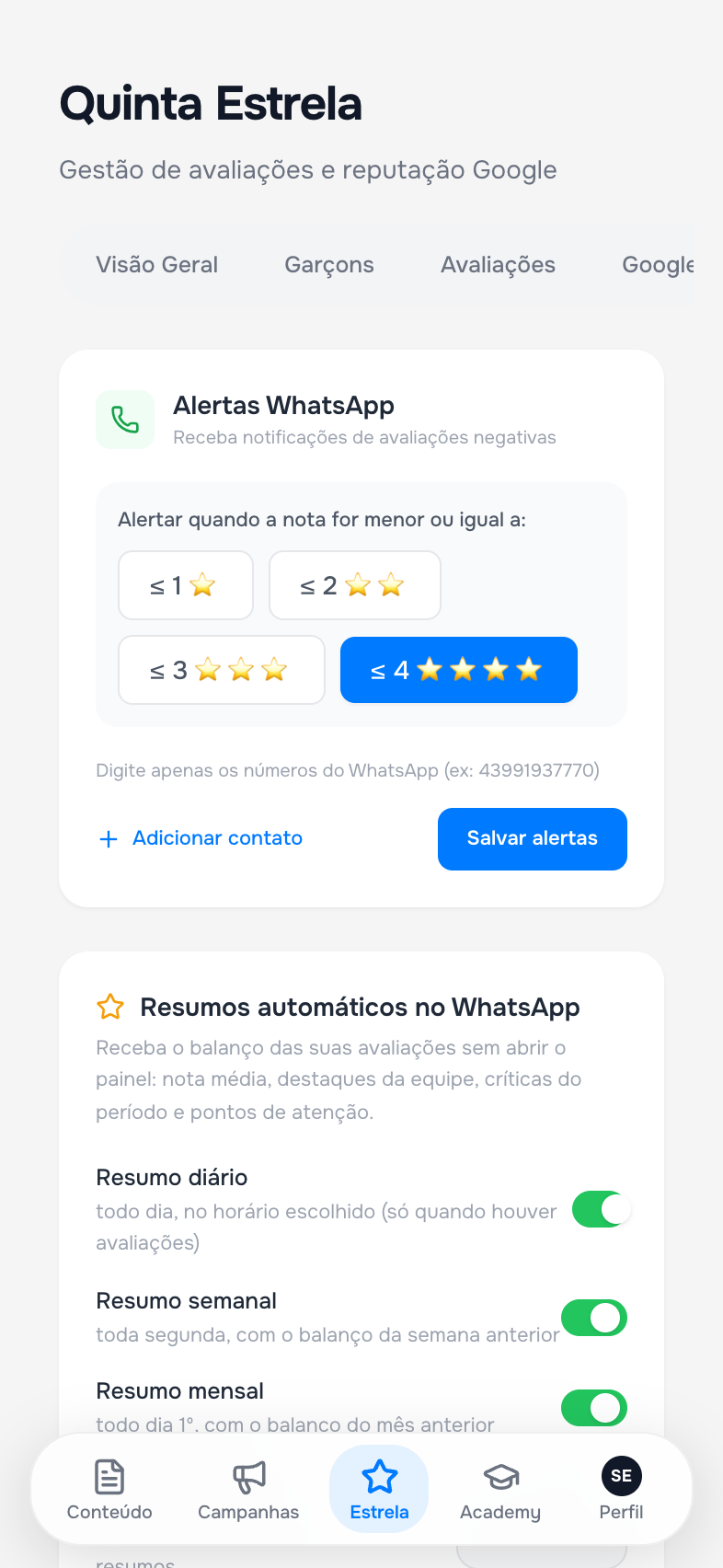 Aba Configurações com alertas de WhatsApp e resumos automáticos