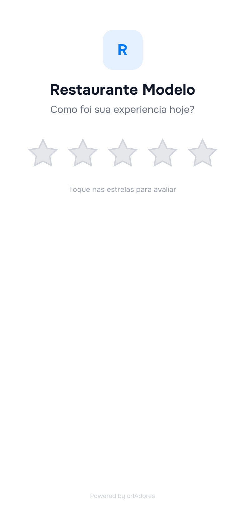 Tela de avaliação que o cliente vê ao escanear o QR Code, com cinco estrelas